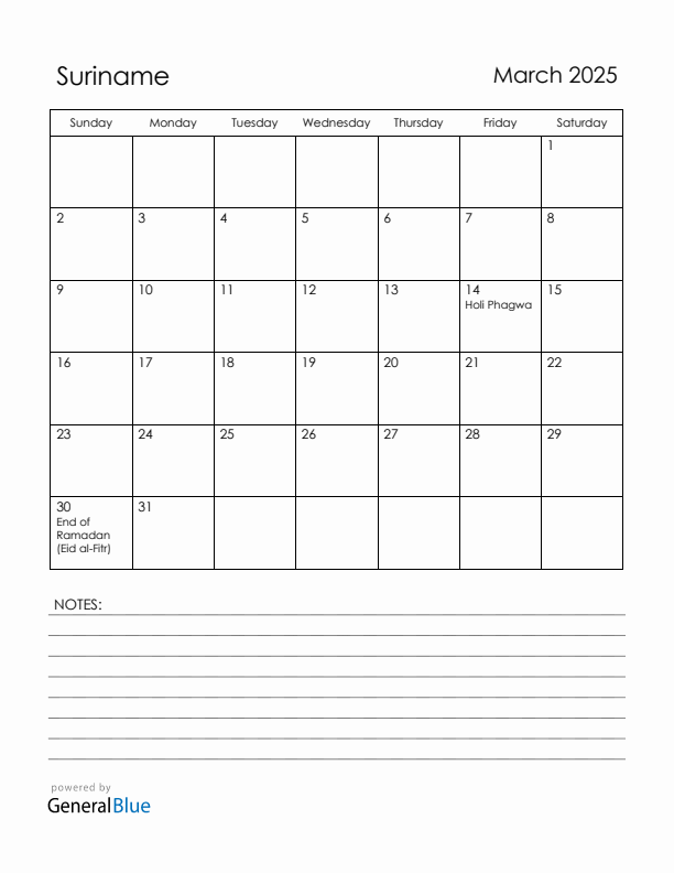 March 2025 Suriname Calendar with Holidays (Sunday Start)