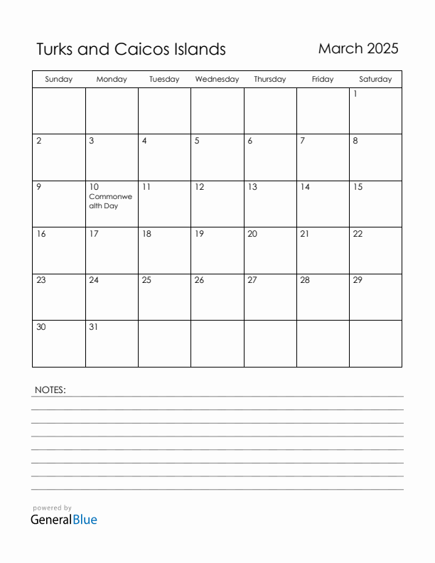 March 2025 Turks and Caicos Islands Calendar with Holidays (Sunday Start)