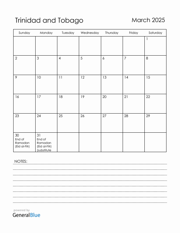 March 2025 Trinidad and Tobago Calendar with Holidays (Sunday Start)