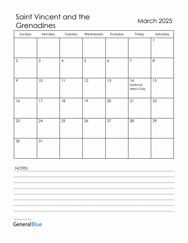 March 2025 Saint Vincent and the Grenadines Calendar with Holidays (Sunday Start)
