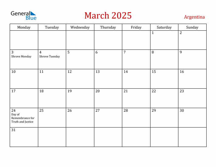 Argentina March 2025 Calendar - Monday Start