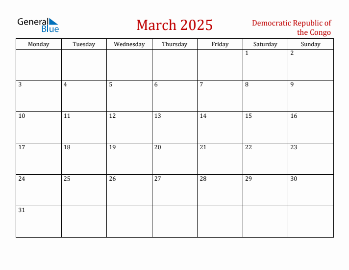 Democratic Republic of the Congo March 2025 Calendar - Monday Start