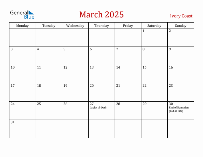 Ivory Coast March 2025 Calendar - Monday Start