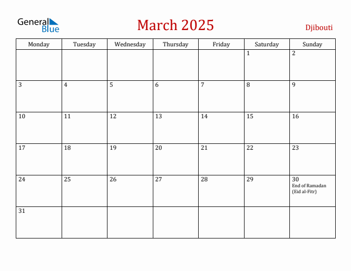 Djibouti March 2025 Calendar - Monday Start