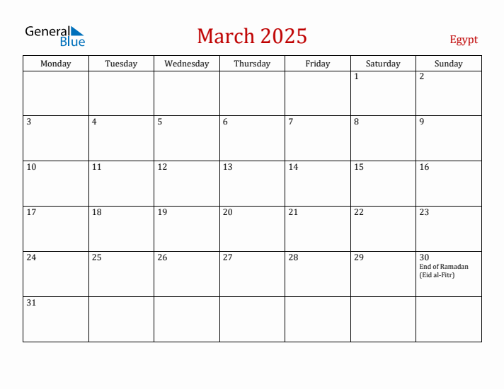 Egypt March 2025 Calendar - Monday Start