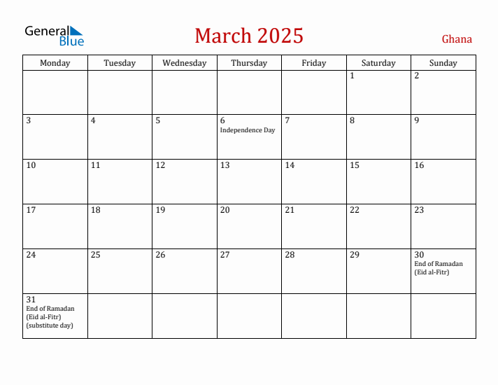 Ghana March 2025 Calendar - Monday Start