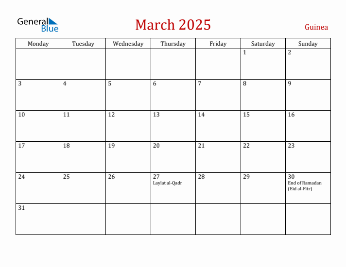 Guinea March 2025 Calendar - Monday Start