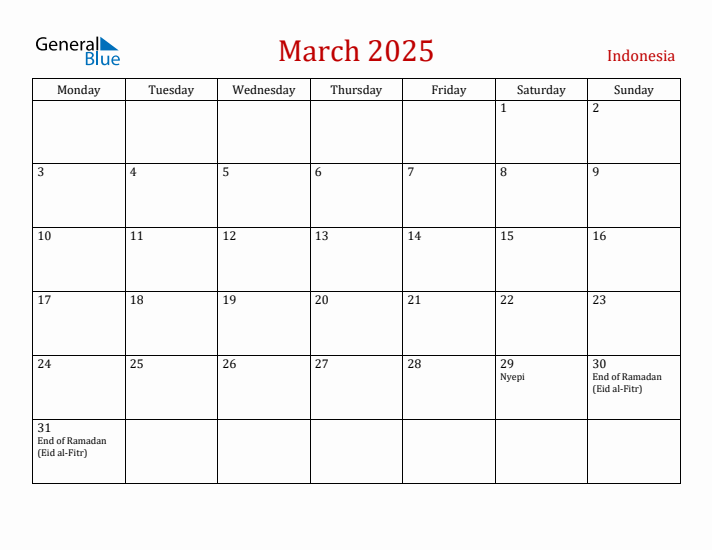 Indonesia March 2025 Calendar - Monday Start