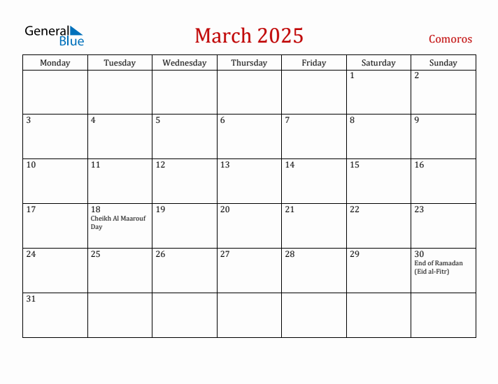 Comoros March 2025 Calendar - Monday Start