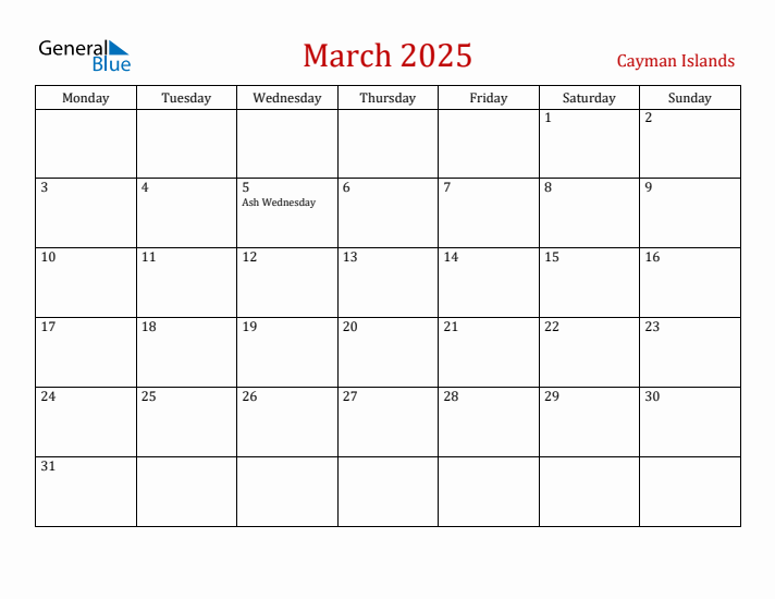 Cayman Islands March 2025 Calendar - Monday Start