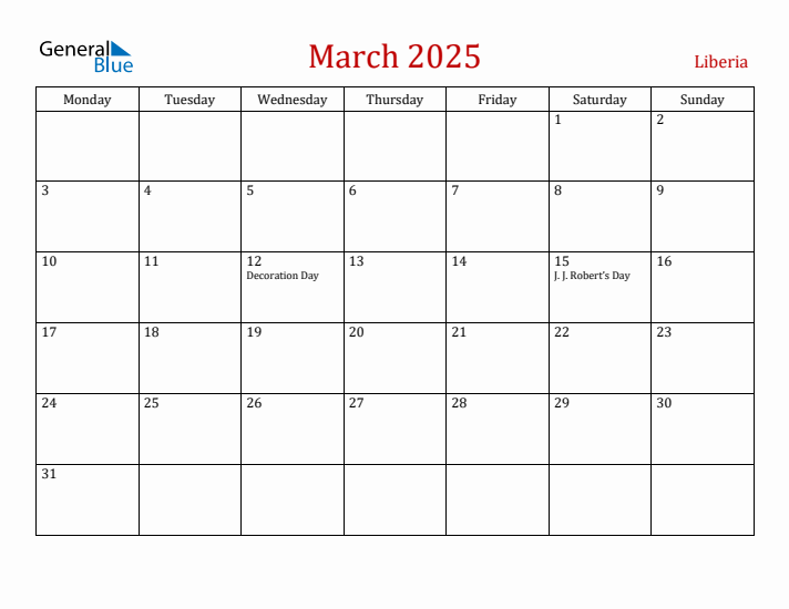 Liberia March 2025 Calendar - Monday Start