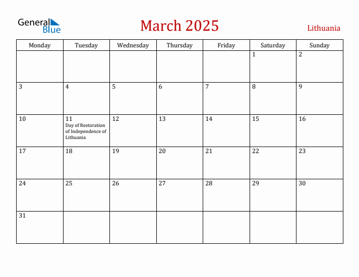 Lithuania March 2025 Calendar - Monday Start