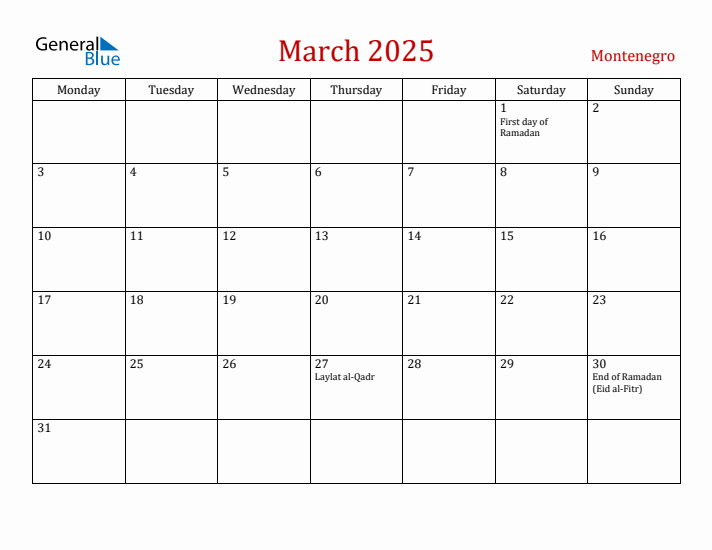 Montenegro March 2025 Calendar - Monday Start