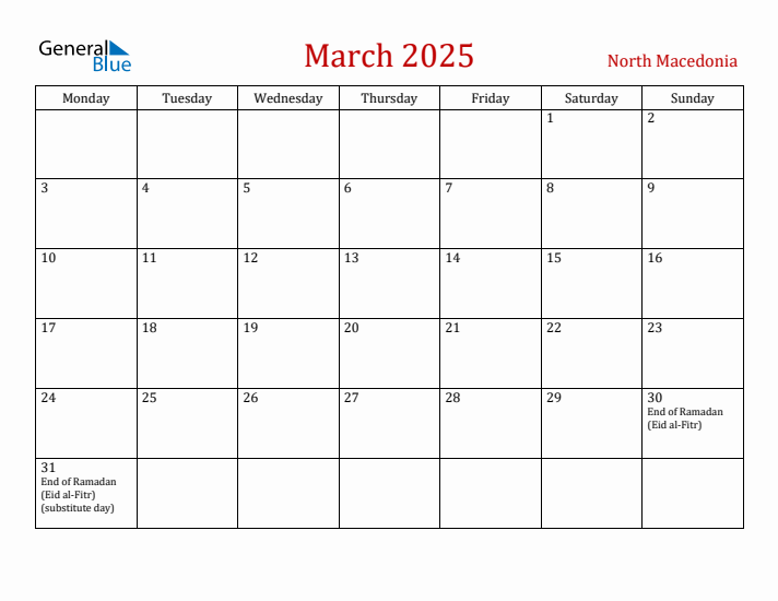 North Macedonia March 2025 Calendar - Monday Start