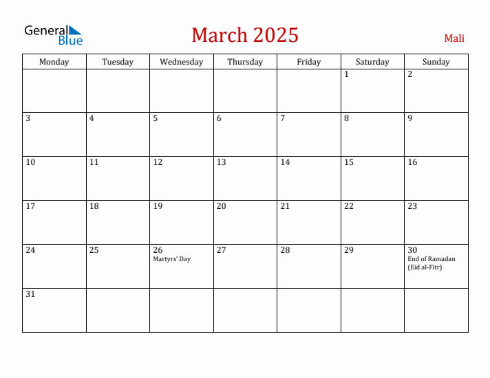 Mali March 2025 Calendar - Monday Start