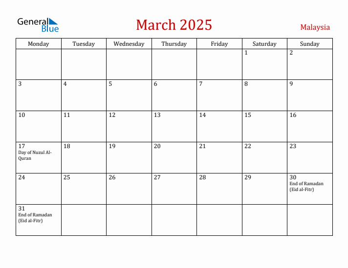 Malaysia March 2025 Calendar - Monday Start