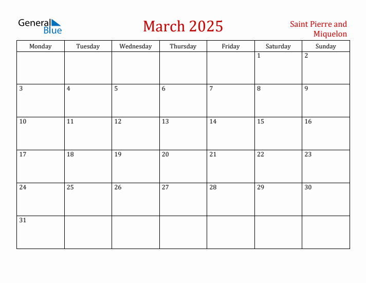 Saint Pierre and Miquelon March 2025 Calendar - Monday Start