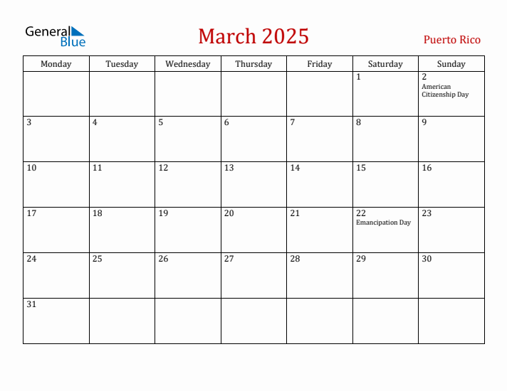 Puerto Rico March 2025 Calendar - Monday Start