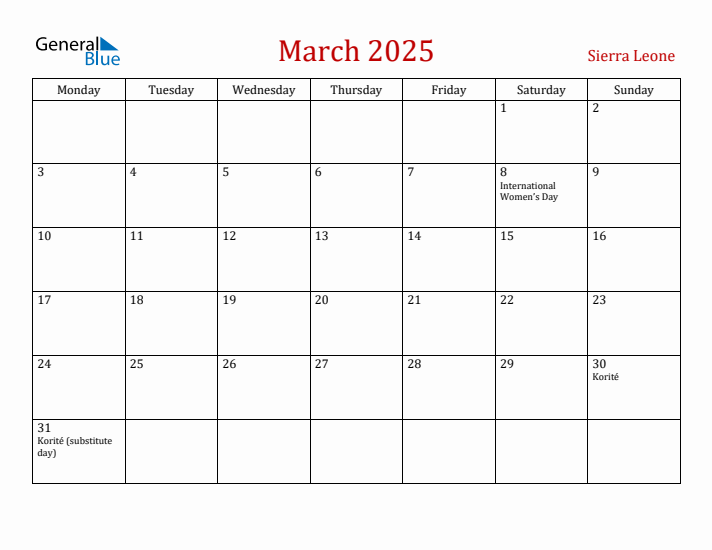 Sierra Leone March 2025 Calendar - Monday Start