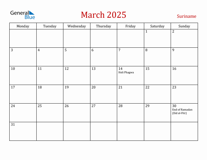 Suriname March 2025 Calendar - Monday Start