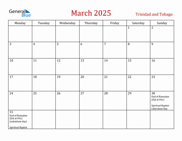 Trinidad and Tobago March 2025 Calendar - Monday Start