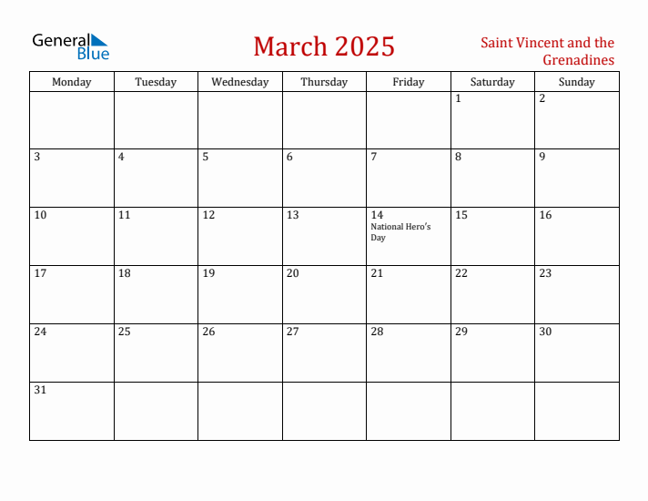 Saint Vincent and the Grenadines March 2025 Calendar - Monday Start