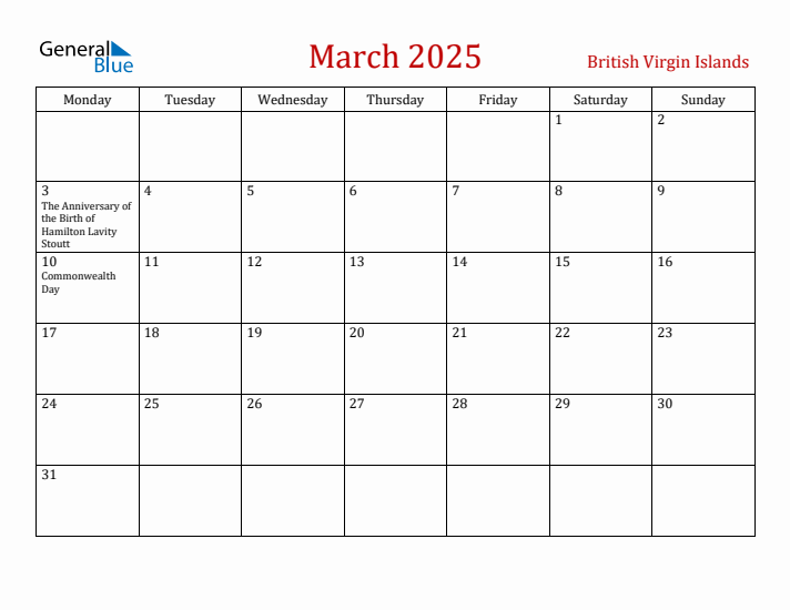 British Virgin Islands March 2025 Calendar - Monday Start