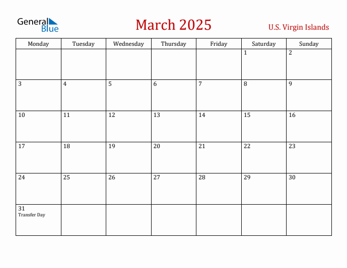 U.S. Virgin Islands March 2025 Calendar - Monday Start