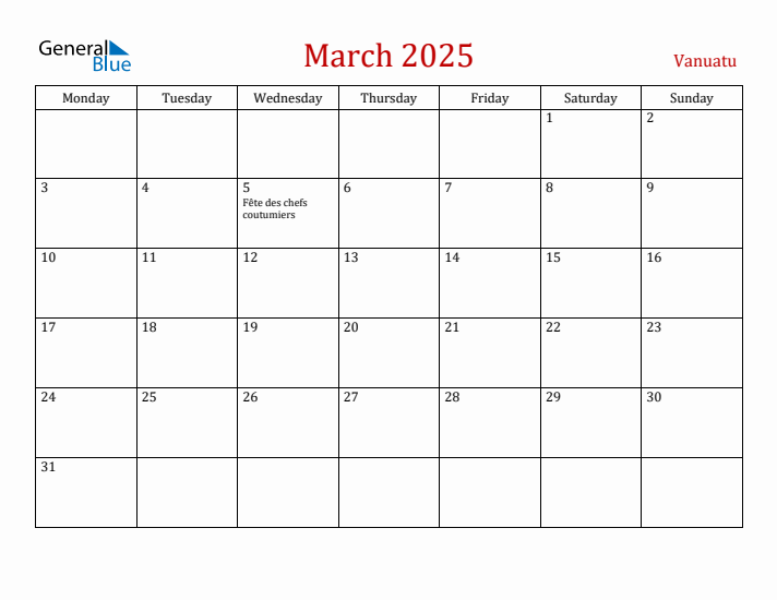 Vanuatu March 2025 Calendar - Monday Start