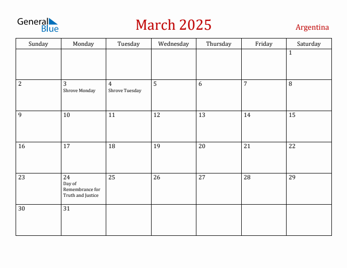 Argentina March 2025 Calendar - Sunday Start