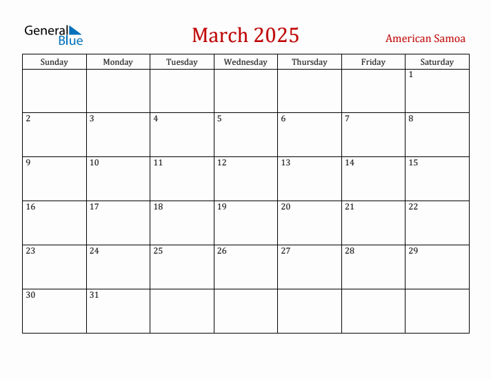 American Samoa March 2025 Calendar - Sunday Start