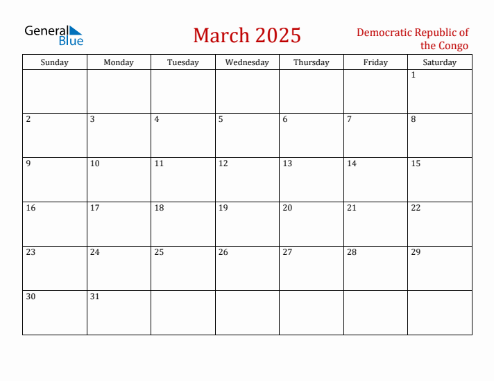 Democratic Republic of the Congo March 2025 Calendar - Sunday Start