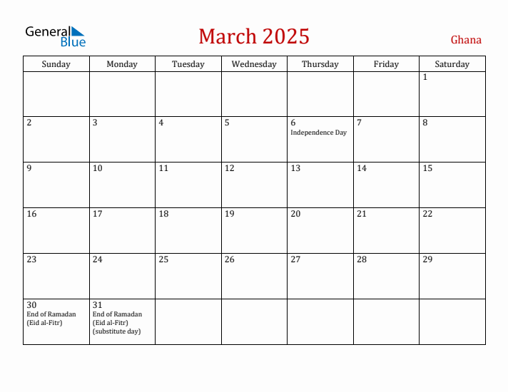 Ghana March 2025 Calendar - Sunday Start