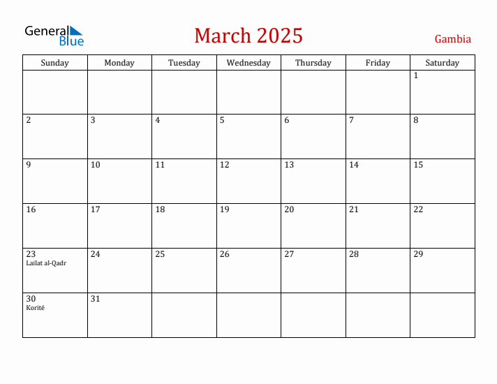 Gambia March 2025 Calendar - Sunday Start