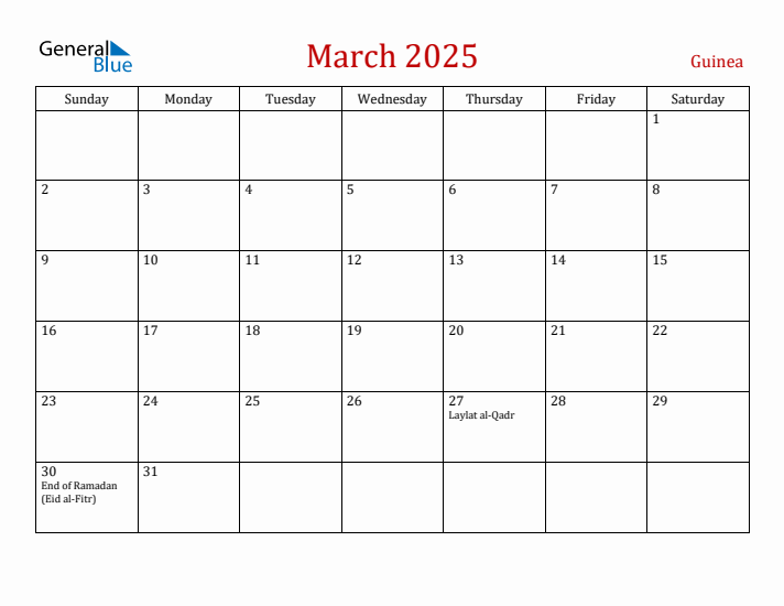 Guinea March 2025 Calendar - Sunday Start