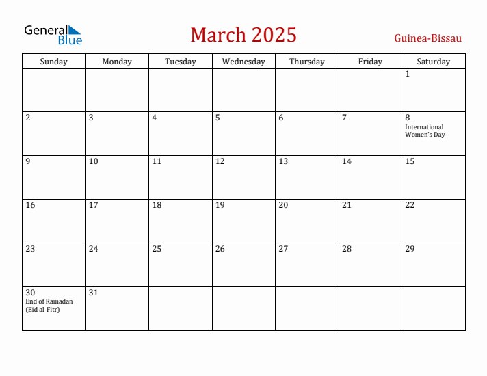 Guinea-Bissau March 2025 Calendar - Sunday Start