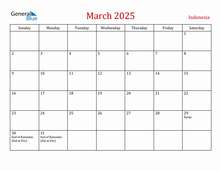 Indonesia March 2025 Calendar - Sunday Start