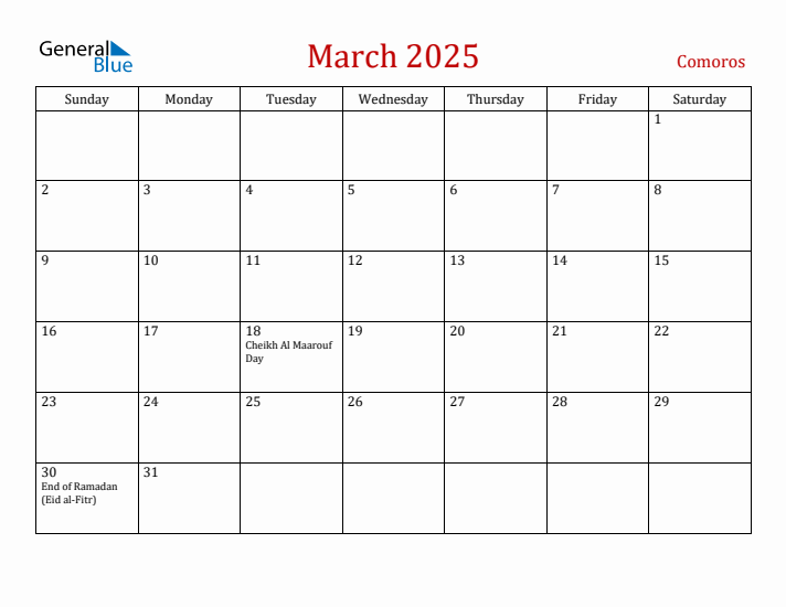 Comoros March 2025 Calendar - Sunday Start