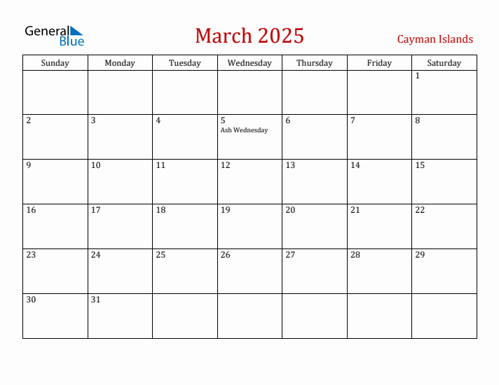 Cayman Islands March 2025 Calendar - Sunday Start