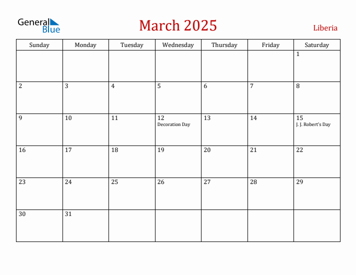 Liberia March 2025 Calendar - Sunday Start