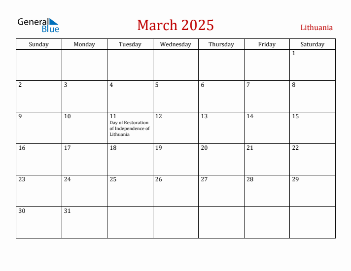 Lithuania March 2025 Calendar - Sunday Start