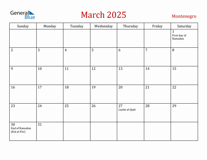 Montenegro March 2025 Calendar - Sunday Start