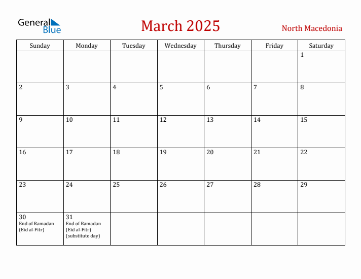 North Macedonia March 2025 Calendar - Sunday Start