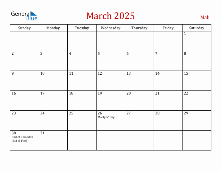 Mali March 2025 Calendar - Sunday Start
