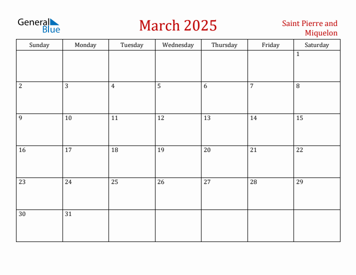 Saint Pierre and Miquelon March 2025 Calendar - Sunday Start