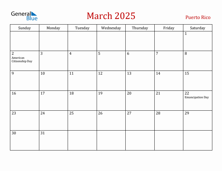 Puerto Rico March 2025 Calendar - Sunday Start
