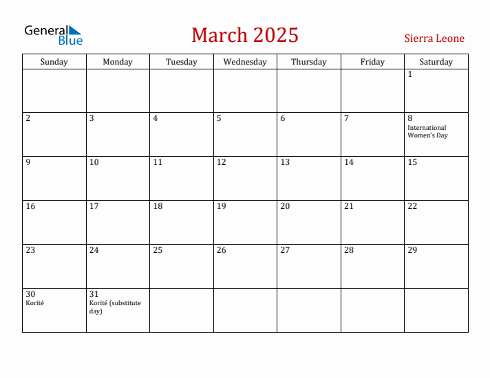Sierra Leone March 2025 Calendar - Sunday Start