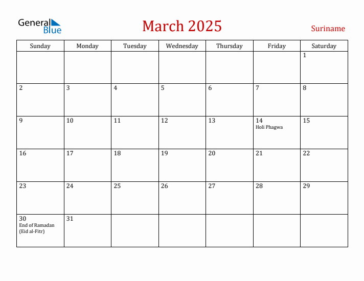 Suriname March 2025 Calendar - Sunday Start