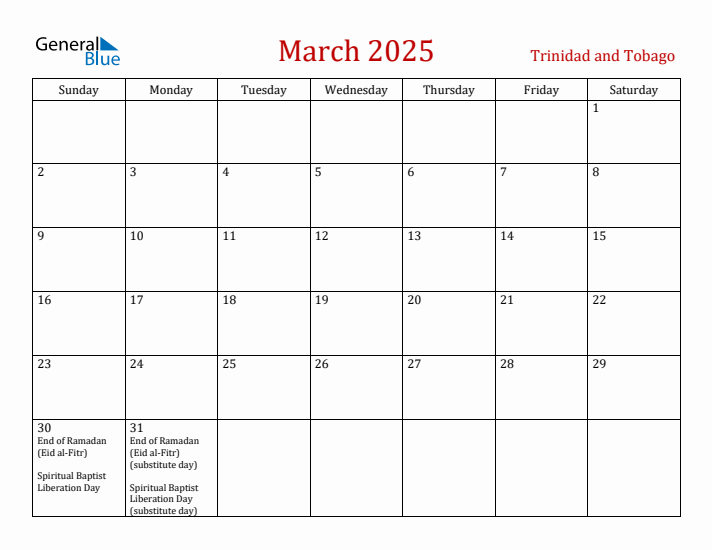 Trinidad and Tobago March 2025 Calendar - Sunday Start