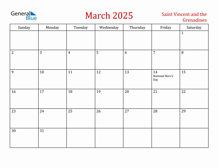 Saint Vincent and the Grenadines March 2025 Calendar - Sunday Start